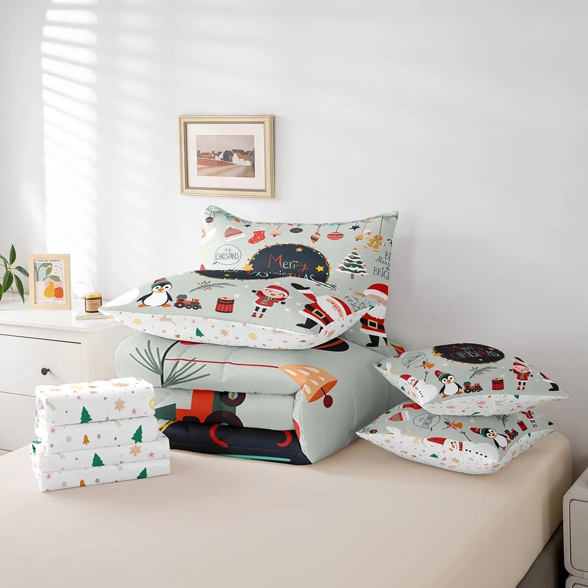Erosebridal Merry Christmas Comforter Set 7 Piece Bed in a Bag Twin,Santa Dwarf Bedding Sets Cartoon Snowman Penguin Sheet Set with Comforter,Xmas Red Santa Claus Bed Set