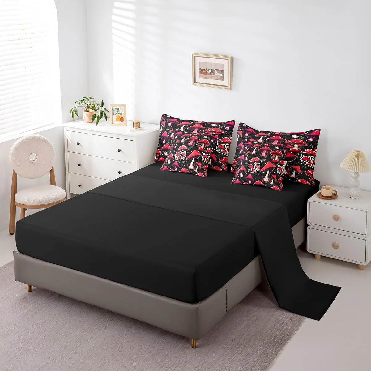 Erosebridal Red Mushroom 7 Piece Comforter Set Full Bed in a Bag,Cute Mushrooms Decor Bedding Set Kawaii Cartoon Fungus Botanical Plants Comforter and Sheet Set,Galaxy Stars Bed Set