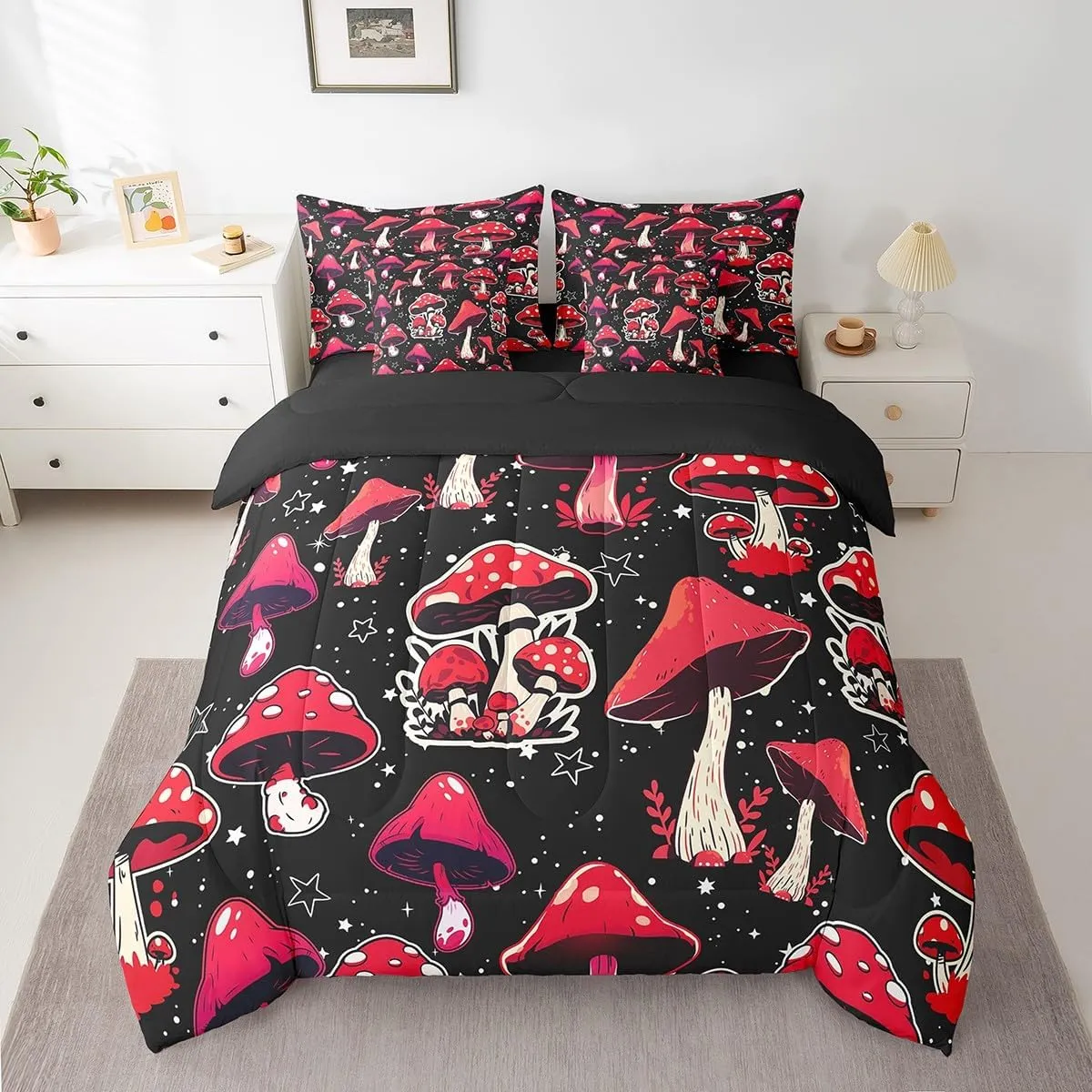 Erosebridal Red Mushroom 7 Piece Comforter Set Full Bed in a Bag,Cute Mushrooms Decor Bedding Set Kawaii Cartoon Fungus Botanical Plants Comforter and Sheet Set,Galaxy Stars Bed Set