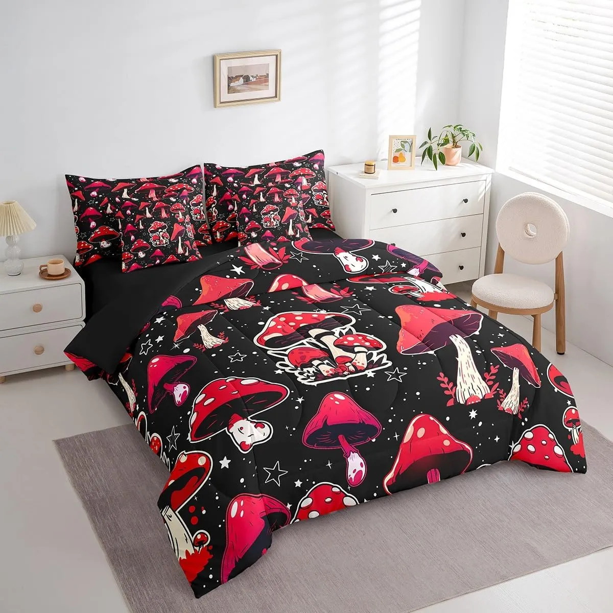 Erosebridal Red Mushroom 7 Piece Comforter Set Full Bed in a Bag,Cute Mushrooms Decor Bedding Set Kawaii Cartoon Fungus Botanical Plants Comforter and Sheet Set,Galaxy Stars Bed Set