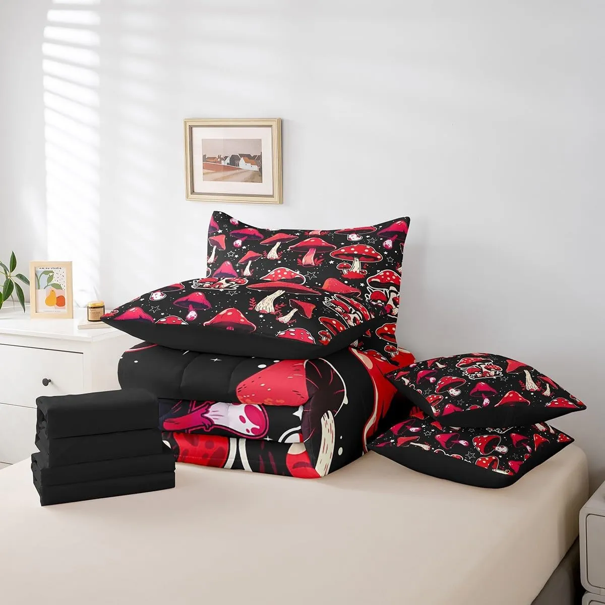 Erosebridal Red Mushroom 7 Piece Comforter Set Full Bed in a Bag,Cute Mushrooms Decor Bedding Set Kawaii Cartoon Fungus Botanical Plants Comforter and Sheet Set,Galaxy Stars Bed Set