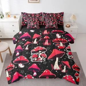 Erosebridal Red Mushroom 7 Piece Comforter Set Full Bed in a Bag,Cute Mushrooms Decor Bedding Set Kawaii Cartoon Fungus Botanical Plants Comforter and Sheet Set,Galaxy Stars Bed Set