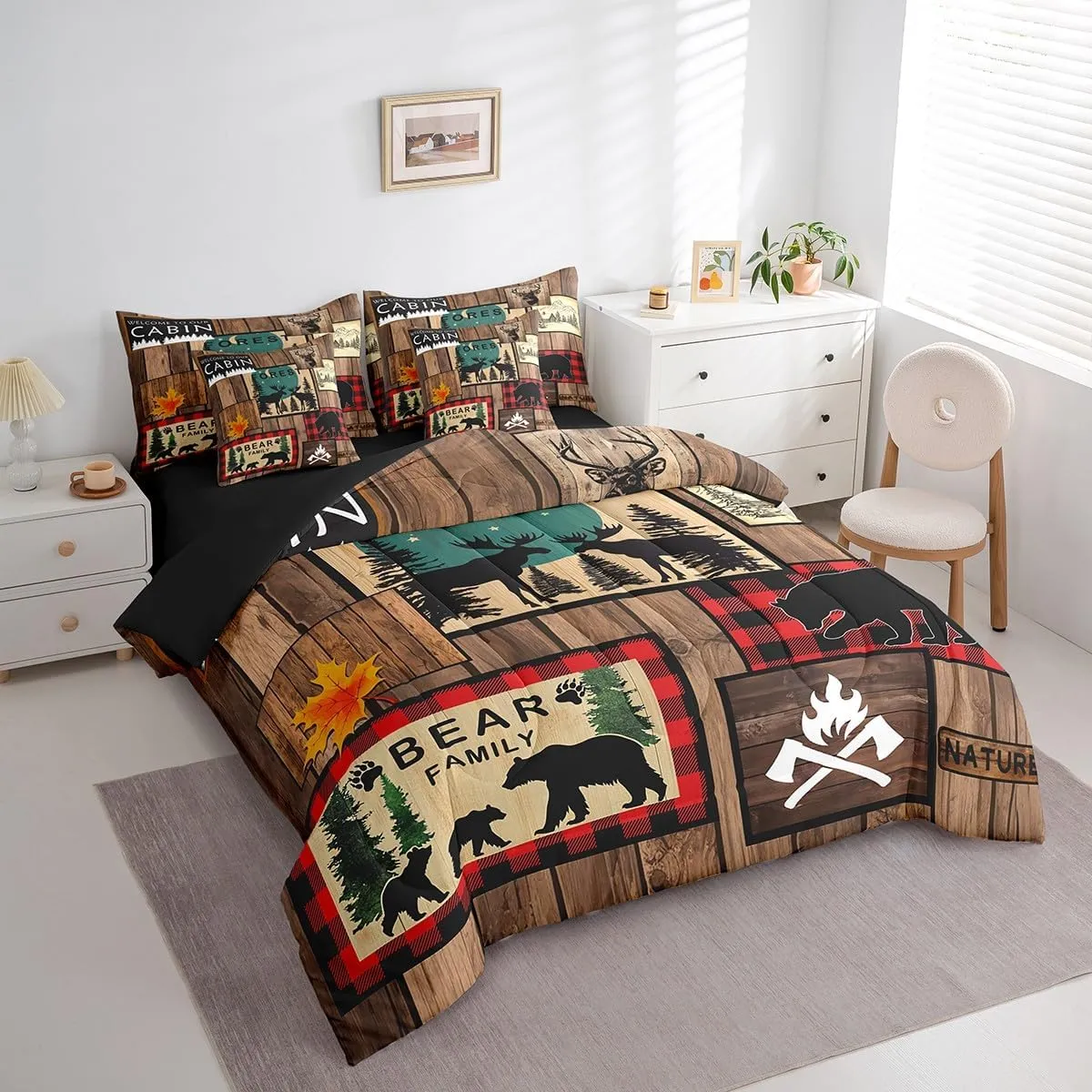 Erosebridal Retro Cabin Bed in a Bag Queen Comforter Set 7 Piece,Rustic Bear Deer Bedding Sets Hunting Wildlife Wild Animal Comforter and Sheet Set,Plaid Lodge Farmhouse Western Bed Set