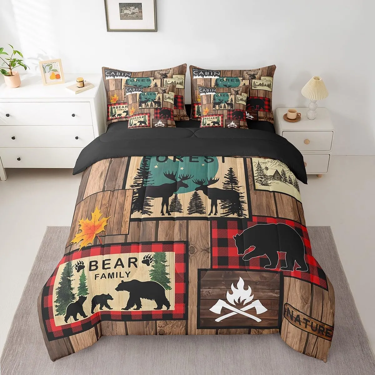 Erosebridal Retro Cabin Bed in a Bag Queen Comforter Set 7 Piece,Rustic Bear Deer Bedding Sets Hunting Wildlife Wild Animal Comforter and Sheet Set,Plaid Lodge Farmhouse Western Bed Set