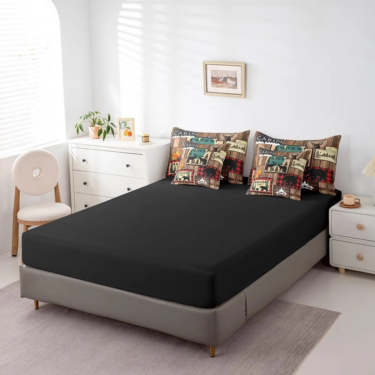 Erosebridal Retro Cabin Bed in a Bag Queen Comforter Set 7 Piece,Rustic Bear Deer Bedding Sets Hunting Wildlife Wild Animal Comforter and Sheet Set,Plaid Lodge Farmhouse Western Bed Set