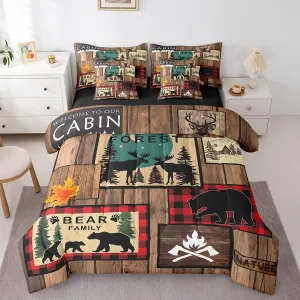 Erosebridal Retro Cabin Bed in a Bag Queen Comforter Set 7 Piece,Rustic Bear Deer Bedding Sets Hunting Wildlife Wild Animal Comforter and Sheet Set,Plaid Lodge Farmhouse Western Bed Set