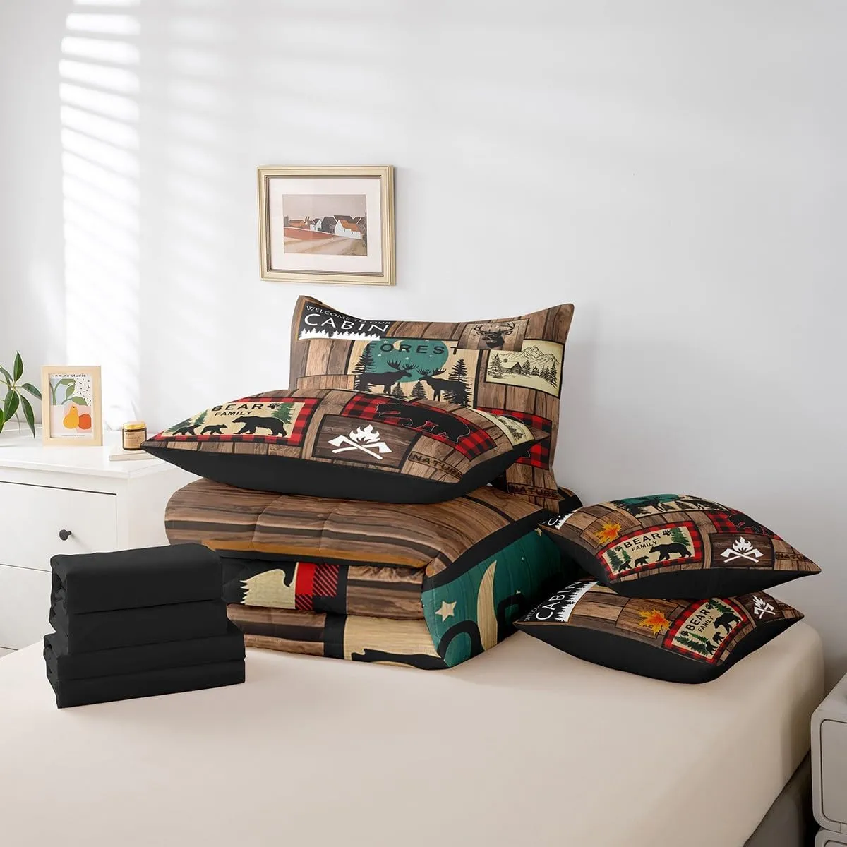 Erosebridal Retro Cabin Bed in a Bag Queen Comforter Set 7 Piece,Rustic Bear Deer Bedding Sets Hunting Wildlife Wild Animal Comforter and Sheet Set,Plaid Lodge Farmhouse Western Bed Set