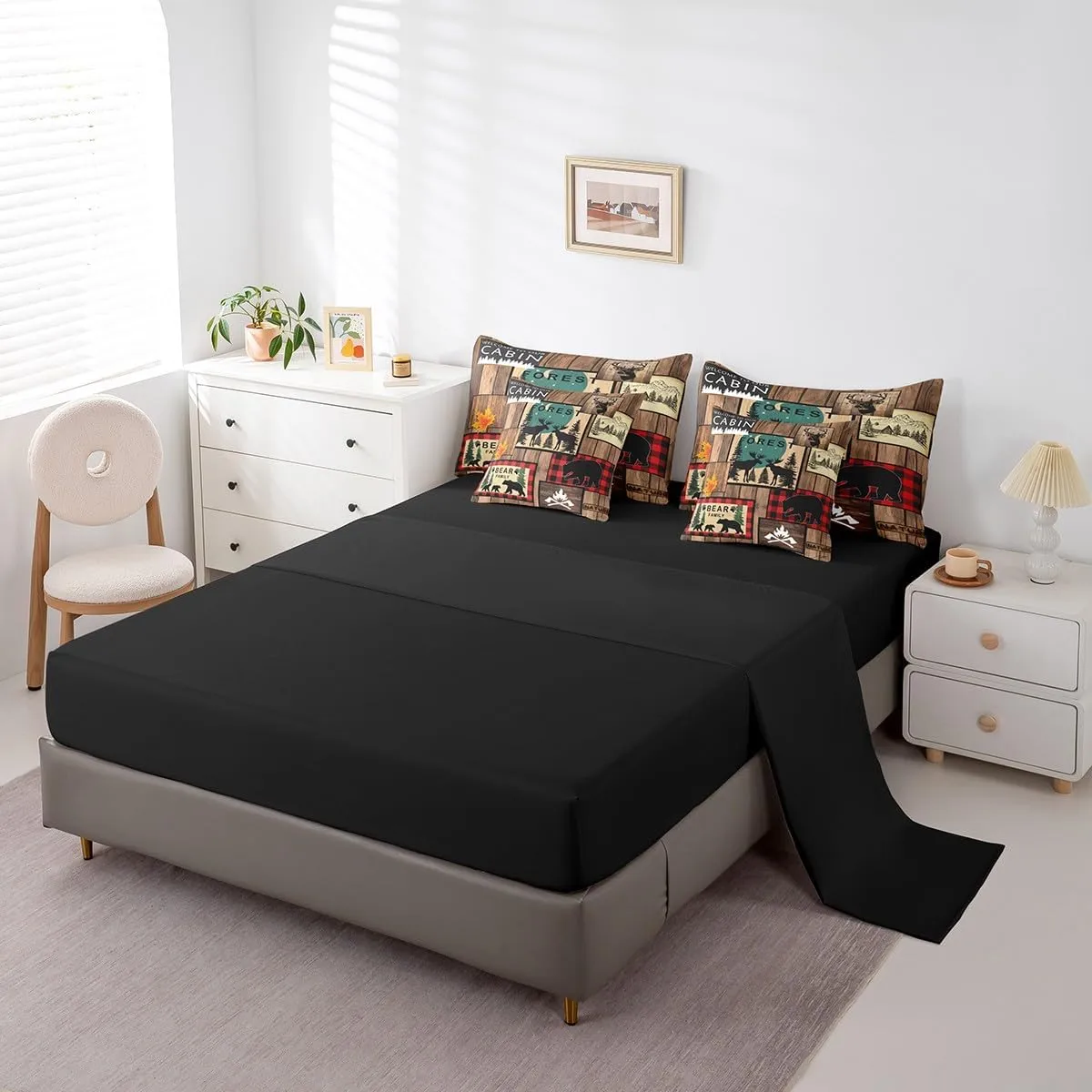 Erosebridal Retro Cabin Bed in a Bag Queen Comforter Set 7 Piece,Rustic Bear Deer Bedding Sets Hunting Wildlife Wild Animal Comforter and Sheet Set,Plaid Lodge Farmhouse Western Bed Set