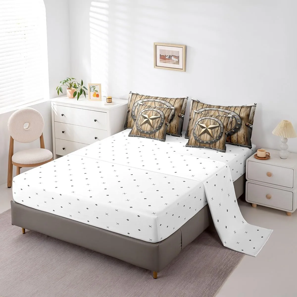 Erosebridal Western Texas Star Twin Comforter Set - 7 Pieces Vintage Retro Circle Bedding Sets Twin Bed in a Bag with Reversible Grunge Rustic Wooden Plank Comforter,Sheets,Pillowcases & Shams