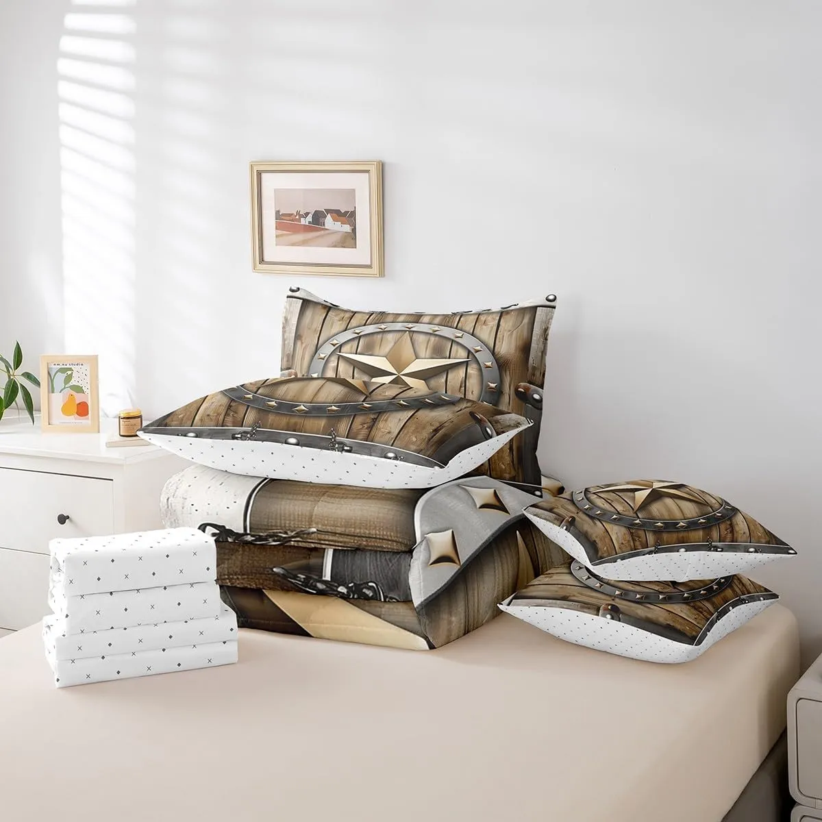 Erosebridal Western Texas Star Twin Comforter Set - 7 Pieces Vintage Retro Circle Bedding Sets Twin Bed in a Bag with Reversible Grunge Rustic Wooden Plank Comforter,Sheets,Pillowcases & Shams