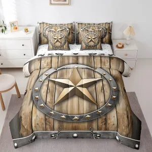 Erosebridal Western Texas Star Twin Comforter Set - 7 Pieces Vintage Retro Circle Bedding Sets Twin Bed in a Bag with Reversible Grunge Rustic Wooden Plank Comforter,Sheets,Pillowcases & Shams