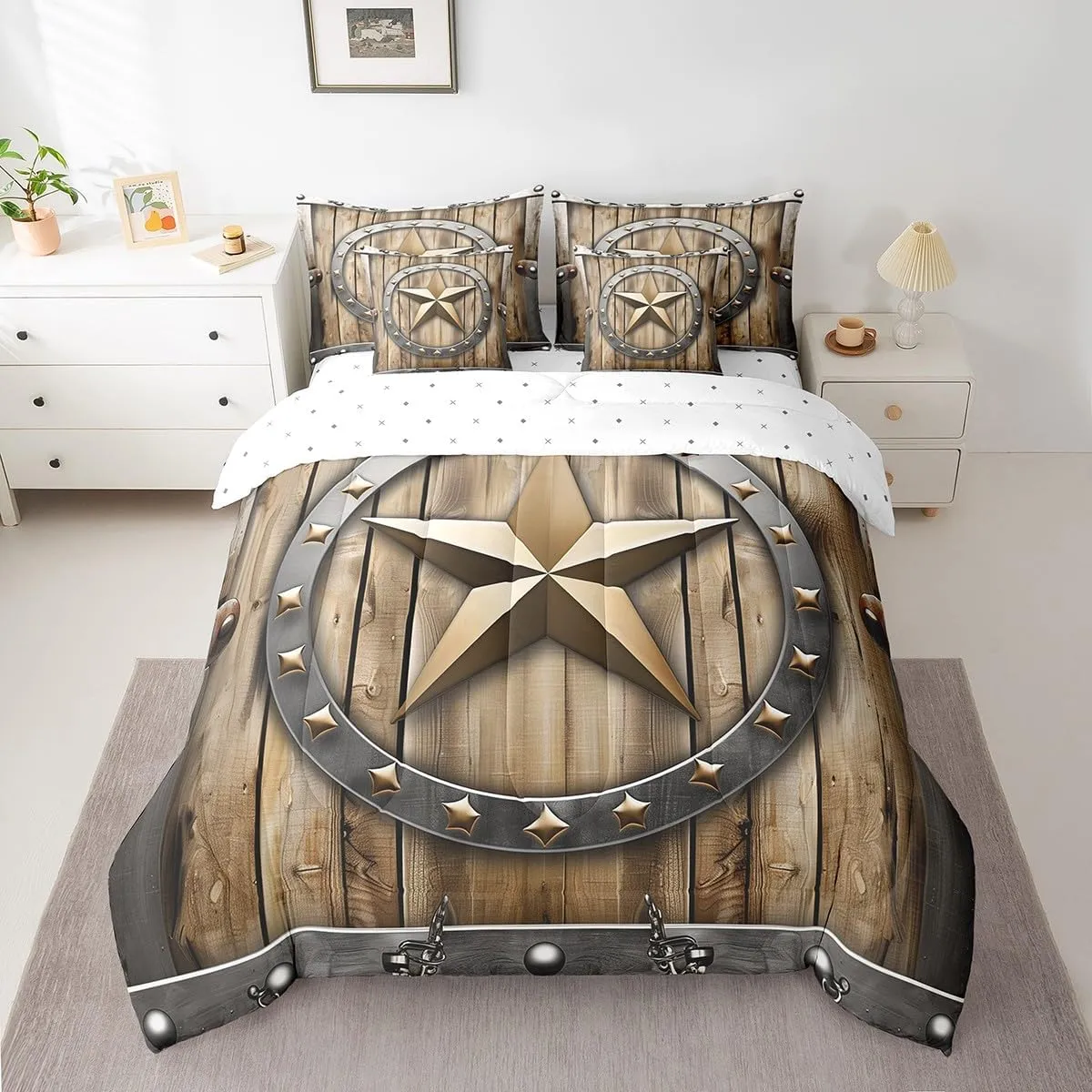 Erosebridal Western Texas Star Twin Comforter Set - 7 Pieces Vintage Retro Circle Bedding Sets Twin Bed in a Bag with Reversible Grunge Rustic Wooden Plank Comforter,Sheets,Pillowcases & Shams