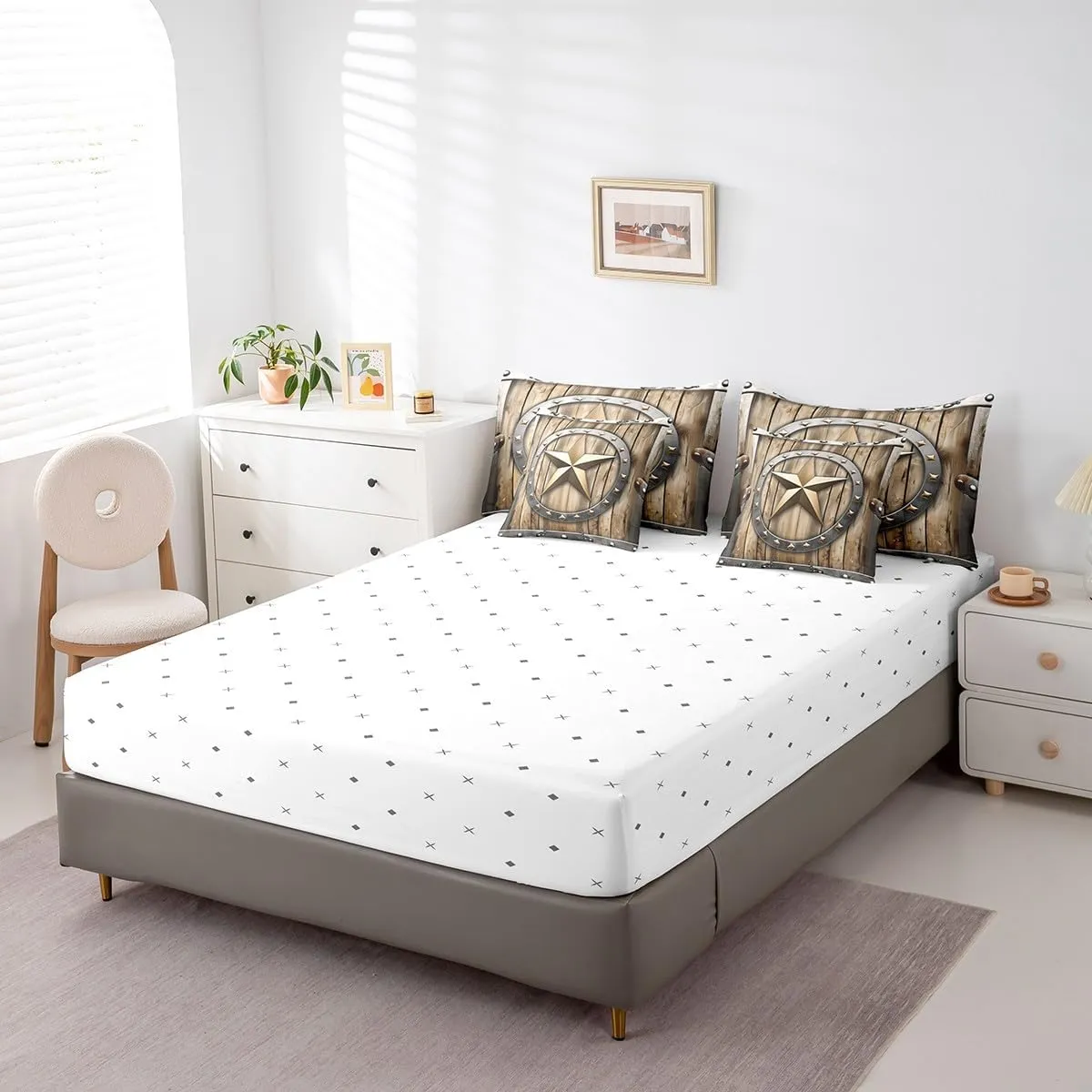 Erosebridal Western Texas Star Twin Comforter Set - 7 Pieces Vintage Retro Circle Bedding Sets Twin Bed in a Bag with Reversible Grunge Rustic Wooden Plank Comforter,Sheets,Pillowcases & Shams
