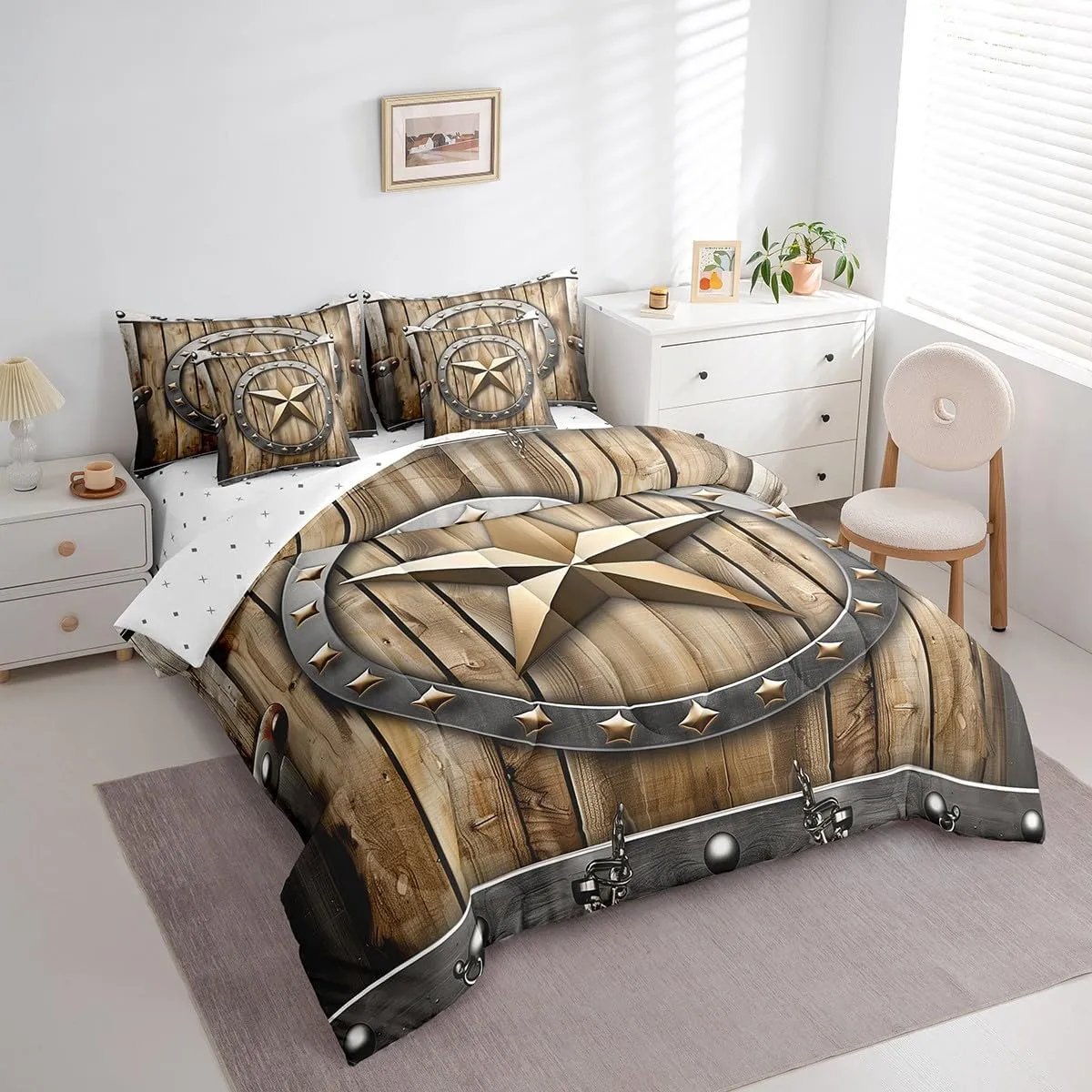 Erosebridal Western Texas Star Twin Comforter Set - 7 Pieces Vintage Retro Circle Bedding Sets Twin Bed in a Bag with Reversible Grunge Rustic Wooden Plank Comforter,Sheets,Pillowcases & Shams