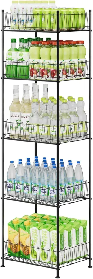 ETELI 5 Tier Water Bottle Storage Rack Freestanding Metal Water Bottle Holder Shelf Organizer Drink Beverage Can Rack Bottled Water Stand for Floor Pantry Kitchen Food Storage, Black