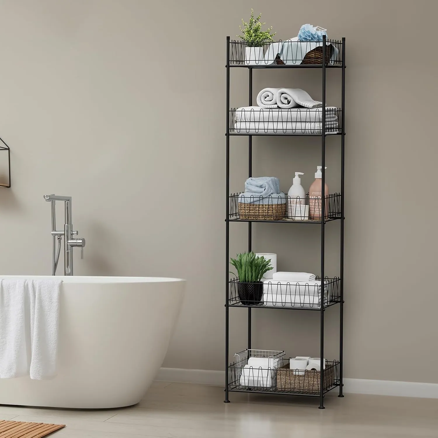 ETELI 5 Tier Water Bottle Storage Rack Freestanding Metal Water Bottle Holder Shelf Organizer Drink Beverage Can Rack Bottled Water Stand for Floor Pantry Kitchen Food Storage, Black