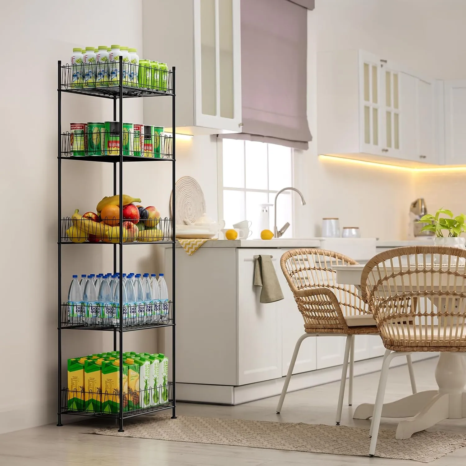 ETELI 5 Tier Water Bottle Storage Rack Freestanding Metal Water Bottle Holder Shelf Organizer Drink Beverage Can Rack Bottled Water Stand for Floor Pantry Kitchen Food Storage, Black