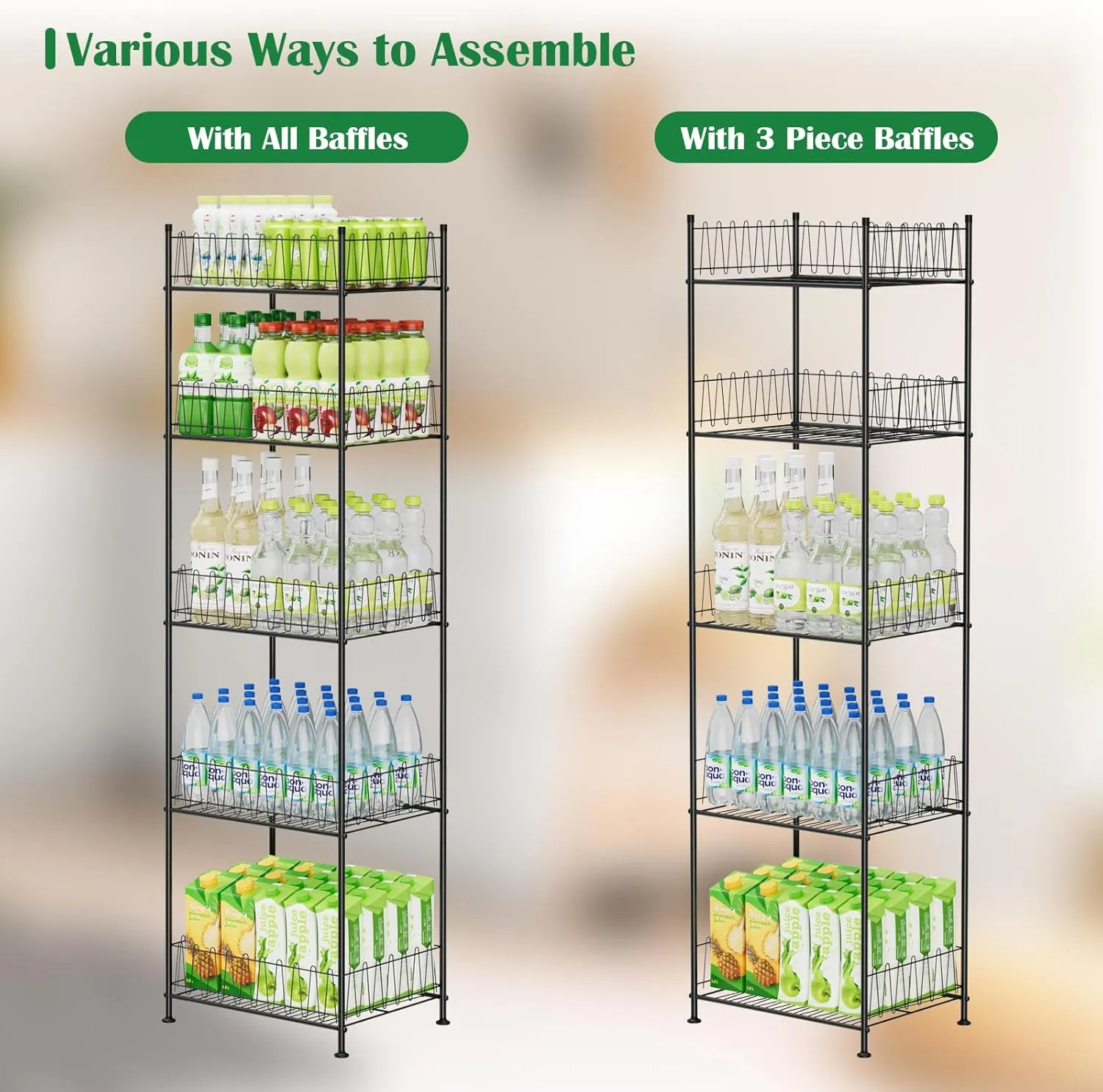 ETELI 5 Tier Water Bottle Storage Rack Freestanding Metal Water Bottle Holder Shelf Organizer Drink Beverage Can Rack Bottled Water Stand for Floor Pantry Kitchen Food Storage, Black