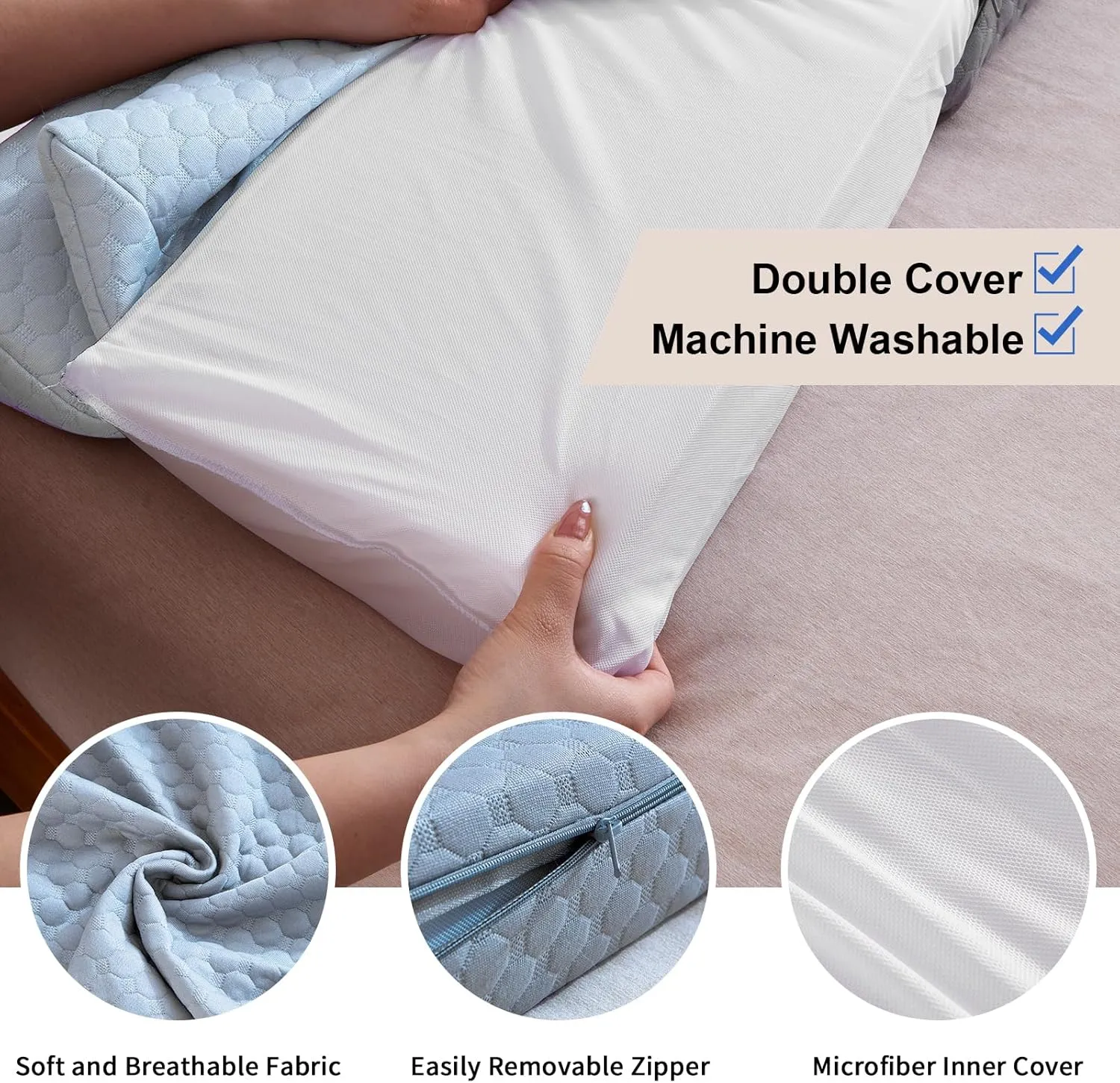 EUHAMS Full Size Bed Wedge Pillow - Bed Gap Filler Mattress Wedge Headboard Pillow Close The Gap 0-7" Between Your Headboard and Mattress or Wall for Sleeping Backrest Pillow（Blue 54"x10"x6" ）