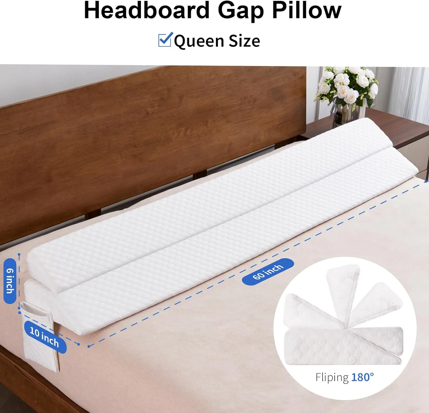 EUHAMS Queen Size Bed Wedge Pillow - Bed Gap Filler Mattress Wedge Headboard Pillow Close The Gap 0-7" Between Your Headboard and Mattress or Wall for Sleeping Backrest Pillow (60"x10"x6" White)
