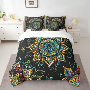Exotic Baroque Flowers Bed in a Bag Queen Comforter Set 7 Piece,Abstract Boho Floral Bedding Sets Vintage Ethnic Tribal Plant Sheet Set with Comforter,2 Pillowcases,2 Throw Pillow Covers
