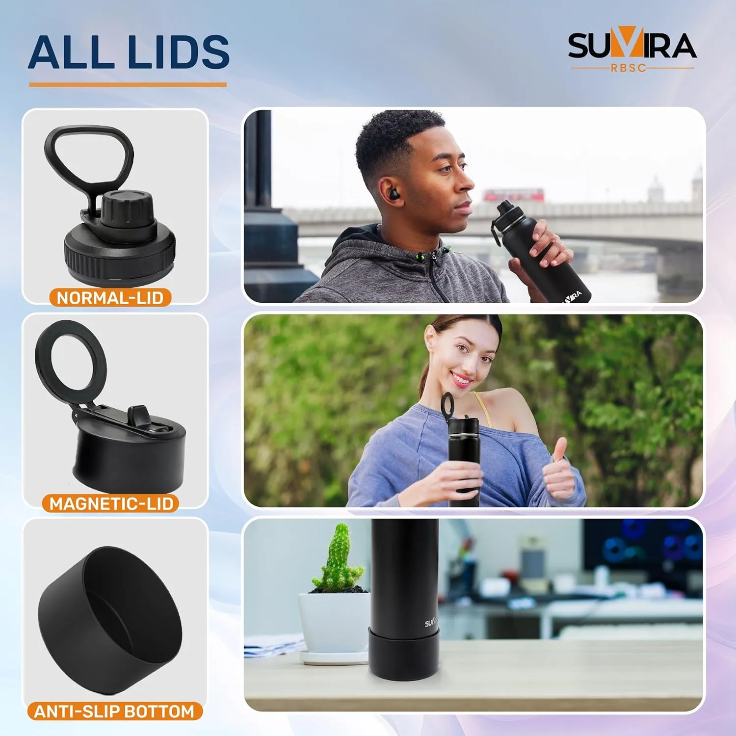 Explore The Ultimate in Hydration:Magnetic lid/Water Bottle with 2Lids Pack/Leak Proof/Double Wall Stainless Steel Insulation withTripod,Phone Holder Sport,Gym and Travel