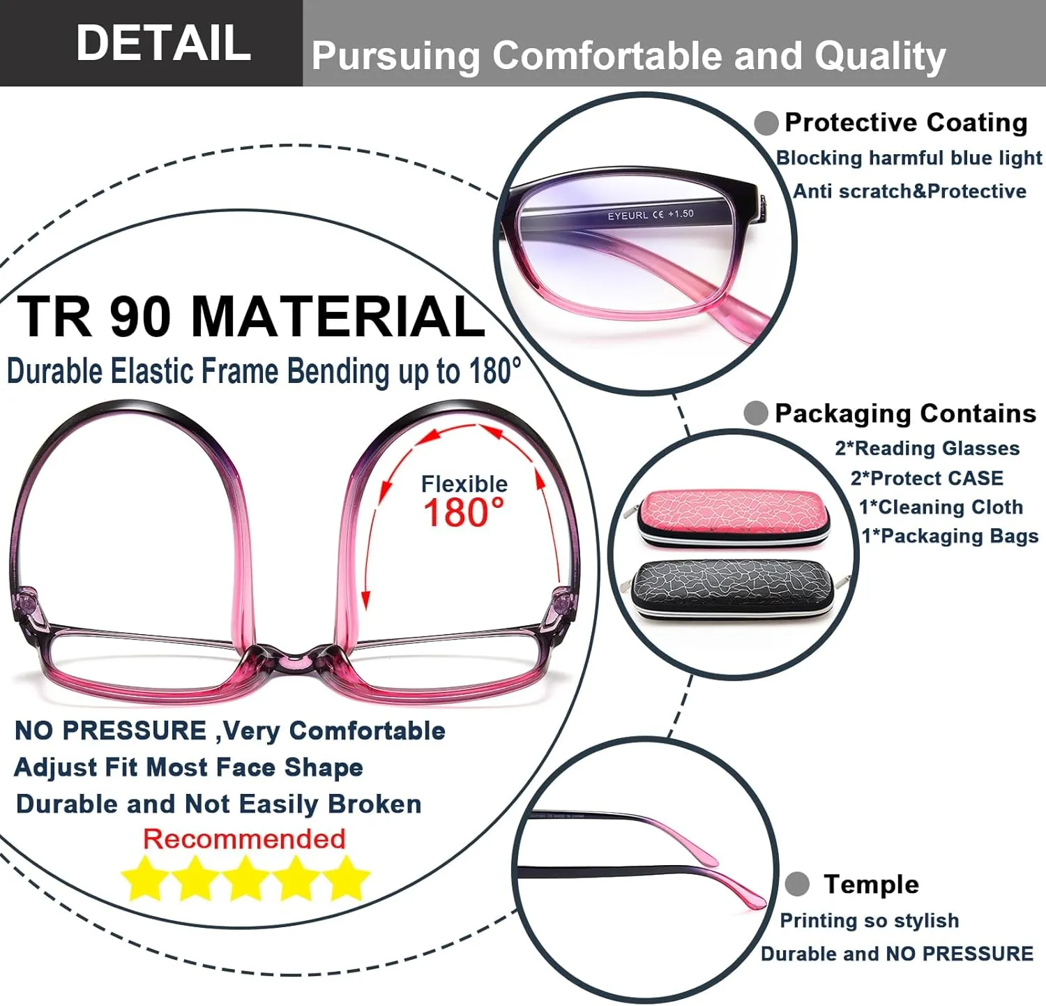 EYEURL 2 Pack Reading Glasses Blue Light Blocking Readers for Women-TR90 Lightweight Computer Reading Glasses Stylish Rectangular Frames Eyeglasses 2.5