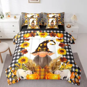 Fall Gnome Comforter Set,7 Pieces Autumn Maple Leaves King Bed in a Bag,Thanksgiving Pumpkin Santa Dwarf Bedding Sets with 1 Comforter,1 Flat Sheet,1 Fitted Sheet,2 Pillowcase,2 Pillow Sham