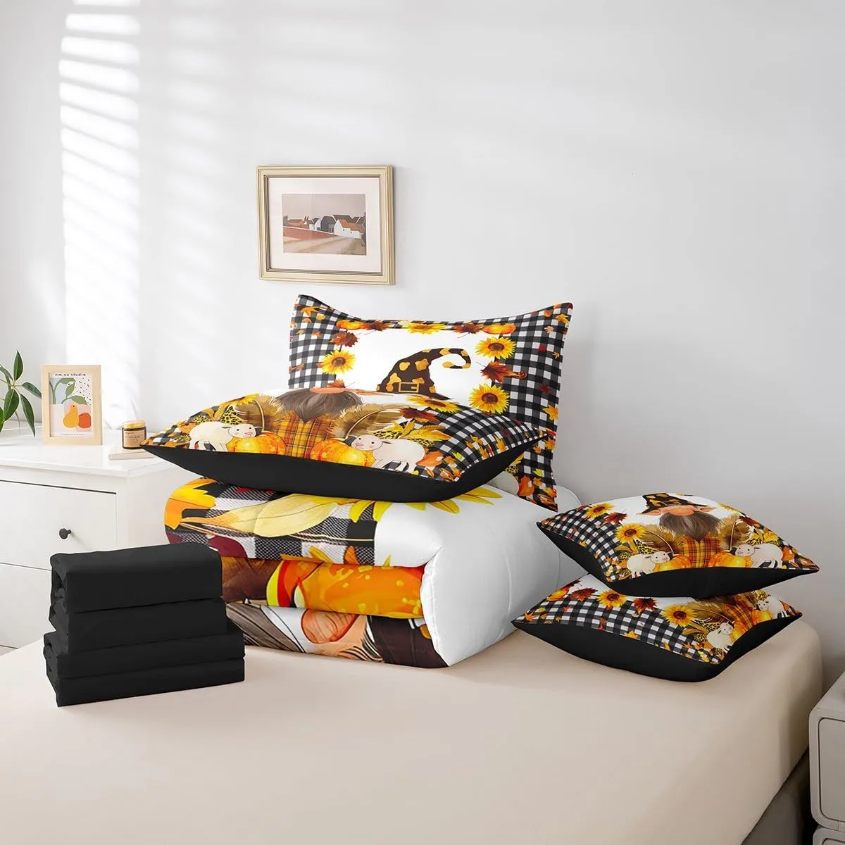 Fall Gnome Comforter Set,7 Pieces Autumn Maple Leaves King Bed in a Bag,Thanksgiving Pumpkin Santa Dwarf Bedding Sets with 1 Comforter,1 Flat Sheet,1 Fitted Sheet,2 Pillowcase,2 Pillow Sham