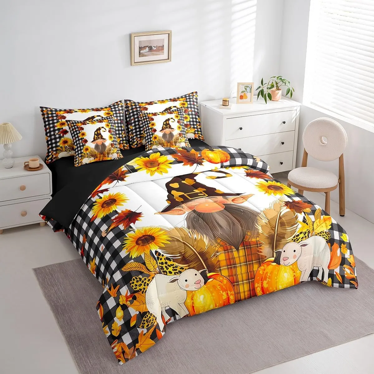Fall Gnome Comforter Set,7 Pieces Autumn Maple Leaves King Bed in a Bag,Thanksgiving Pumpkin Santa Dwarf Bedding Sets with 1 Comforter,1 Flat Sheet,1 Fitted Sheet,2 Pillowcase,2 Pillow Sham