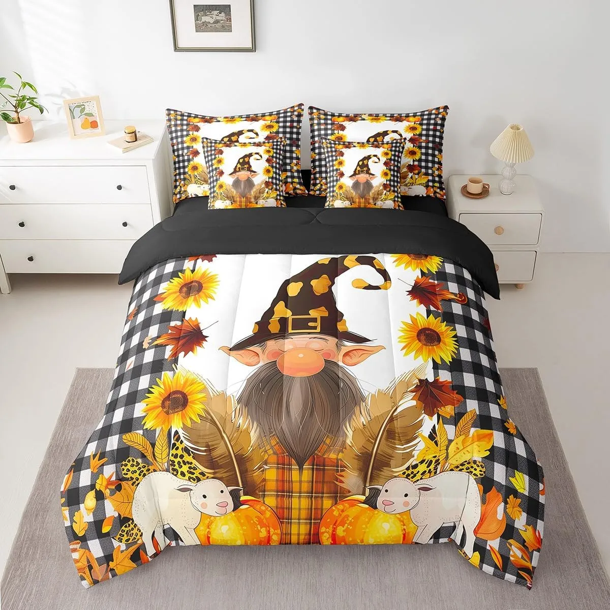Fall Gnome Comforter Set,7 Pieces Autumn Maple Leaves King Bed in a Bag,Thanksgiving Pumpkin Santa Dwarf Bedding Sets with 1 Comforter,1 Flat Sheet,1 Fitted Sheet,2 Pillowcase,2 Pillow Sham