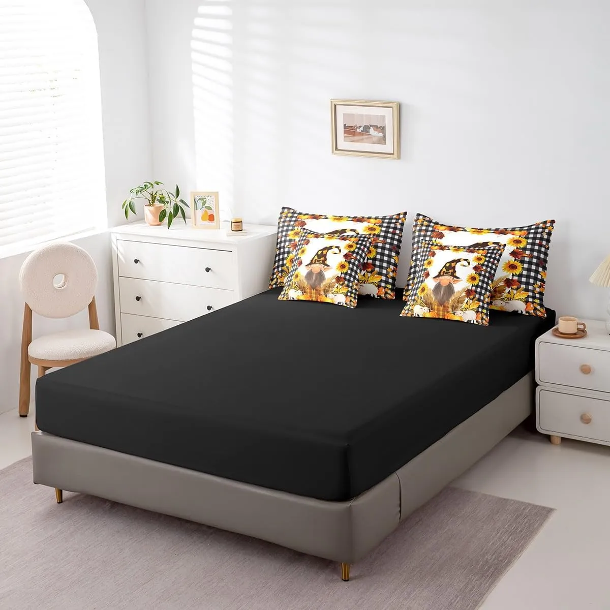 Fall Gnome Comforter Set,7 Pieces Autumn Maple Leaves King Bed in a Bag,Thanksgiving Pumpkin Santa Dwarf Bedding Sets with 1 Comforter,1 Flat Sheet,1 Fitted Sheet,2 Pillowcase,2 Pillow Sham