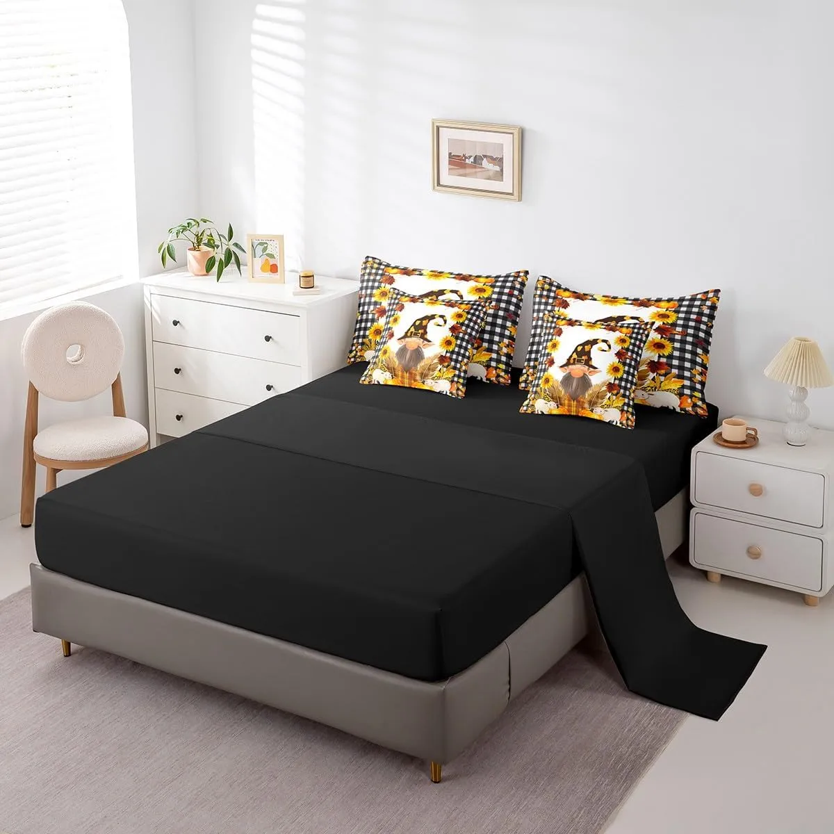 Fall Gnome Comforter Set,7 Pieces Autumn Maple Leaves King Bed in a Bag,Thanksgiving Pumpkin Santa Dwarf Bedding Sets with 1 Comforter,1 Flat Sheet,1 Fitted Sheet,2 Pillowcase,2 Pillow Sham