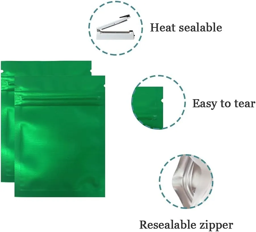 FERENLI 100 Pcs Mylar Zipper Lock Food Storage Bag Matte Aluminum Foil Airtight Bag with Front Window Plastic Packaging Pouch for Zip Flat Heat Seal Lock (8.5x13cm (3.3x5.1 inch), Green)