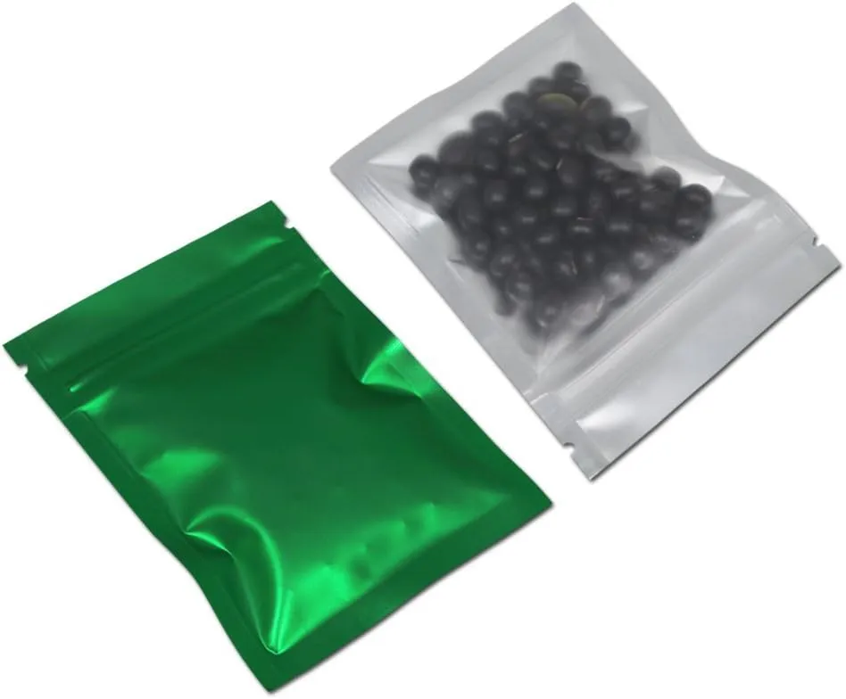 FERENLI 100 Pcs Mylar Zipper Lock Food Storage Bag Matte Aluminum Foil Airtight Bag with Front Window Plastic Packaging Pouch for Zip Flat Heat Seal Lock (8.5x13cm (3.3x5.1 inch), Green)