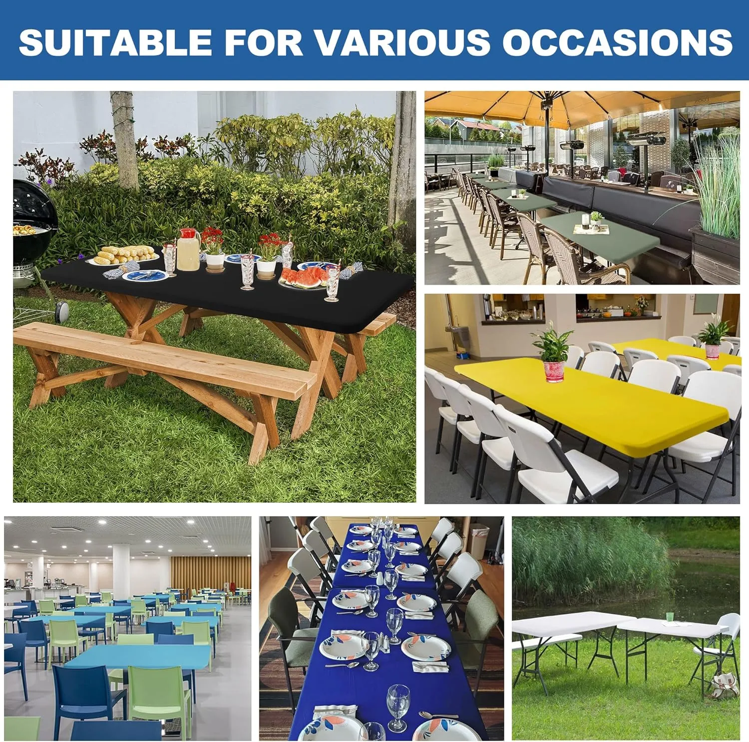 Fitted Tablecloth for 8 Foot Rectangle-6 Pack Royal Blue Elastic Outdoor Picnic Table Cover-Spandex Stretch Folding Table Cloths 8ft for Camping Dining Room Patio Kitchen Banquet Party