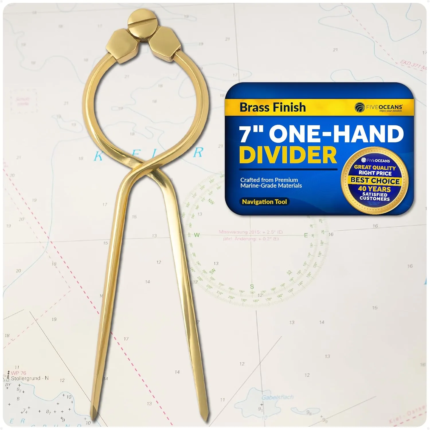 Five Oceans Marine Navigation 7-Inch One Hand Divider, Elegant Marine Charting Tool, Deluxe Brass Finish - FO1413
