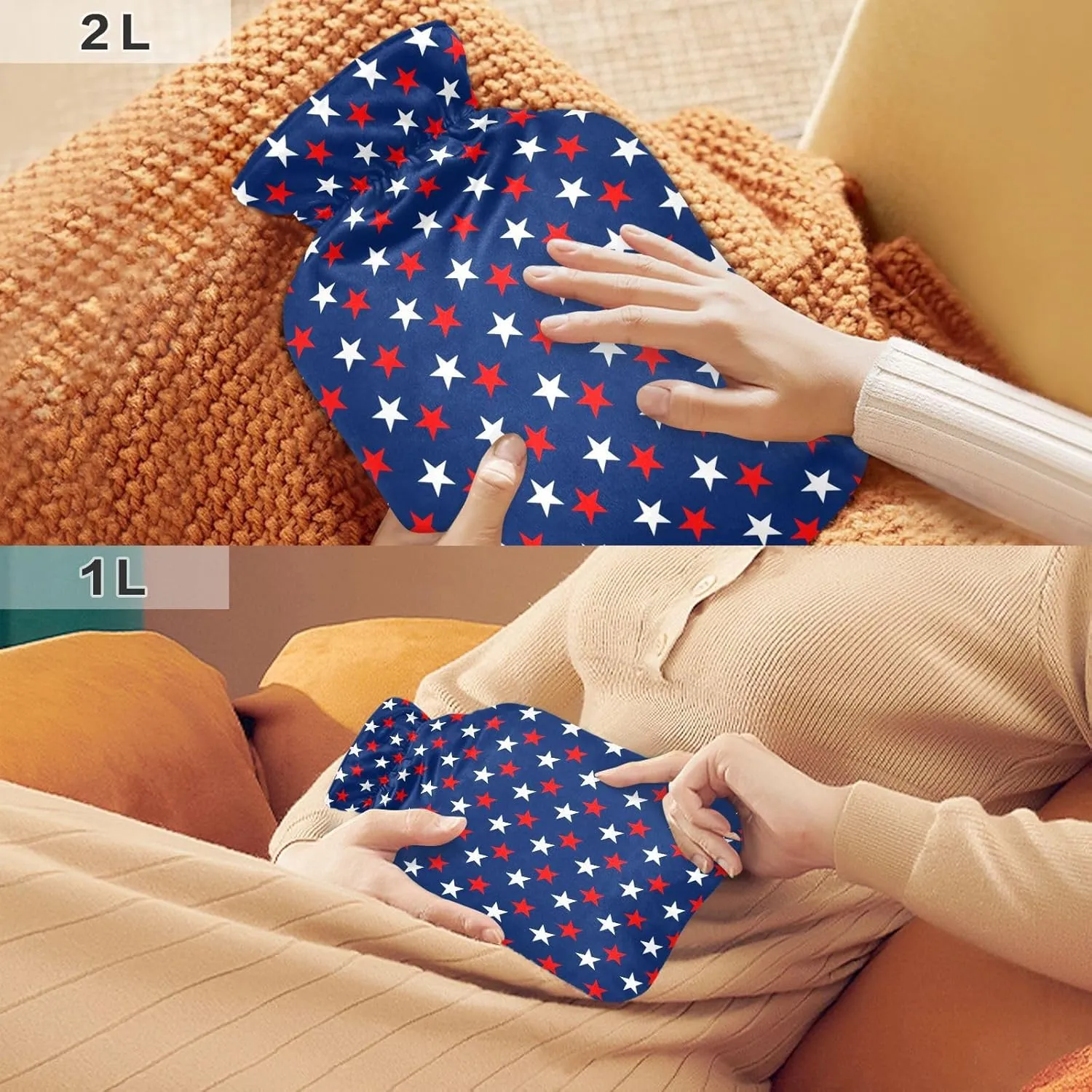 Flag Stars Blue Hot Water Bottle with Cover, 1 Liters Hot Water Bag for Menstrual Cramps, Neck and Shoulder Pain Relief, Hot and Cold Compress