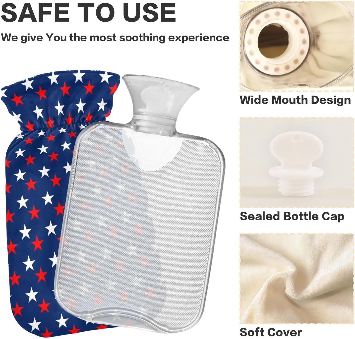 Flag Stars Blue Hot Water Bottle with Cover, 1 Liters Hot Water Bag for Menstrual Cramps, Neck and Shoulder Pain Relief, Hot and Cold Compress