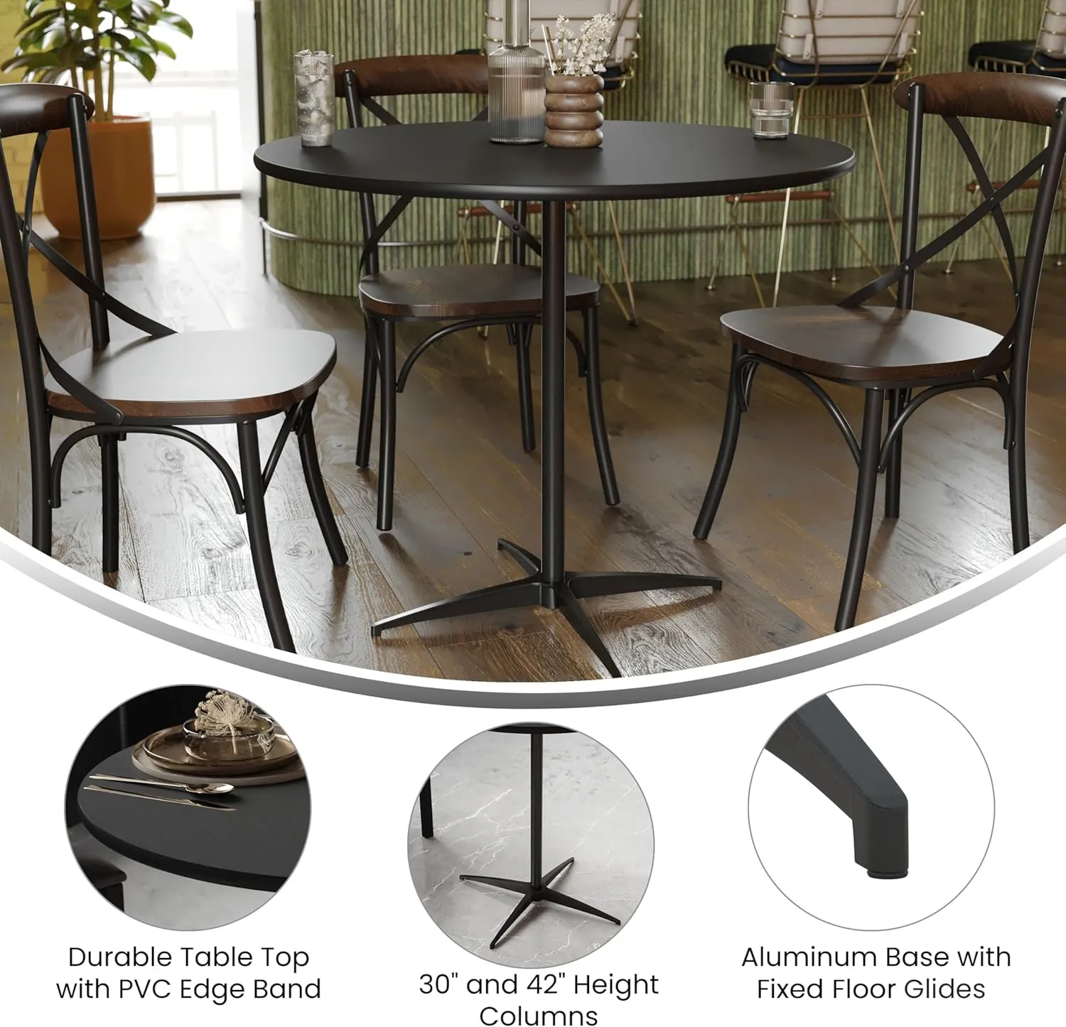 Flash Furniture Lars Black 36'' Round Wood Cocktail Table with 30'' and 42'' Columns