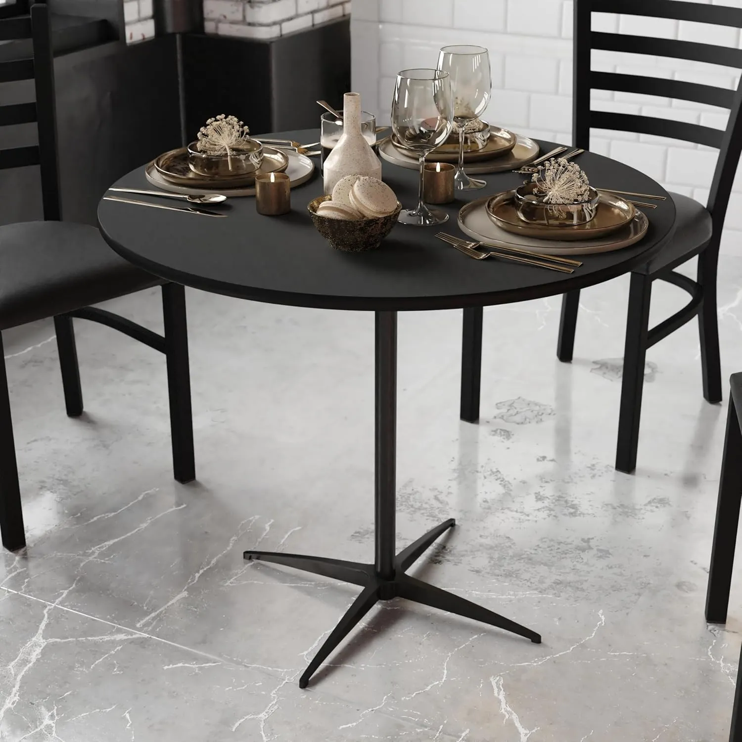 Flash Furniture Lars Black 36'' Round Wood Cocktail Table with 30'' and 42'' Columns
