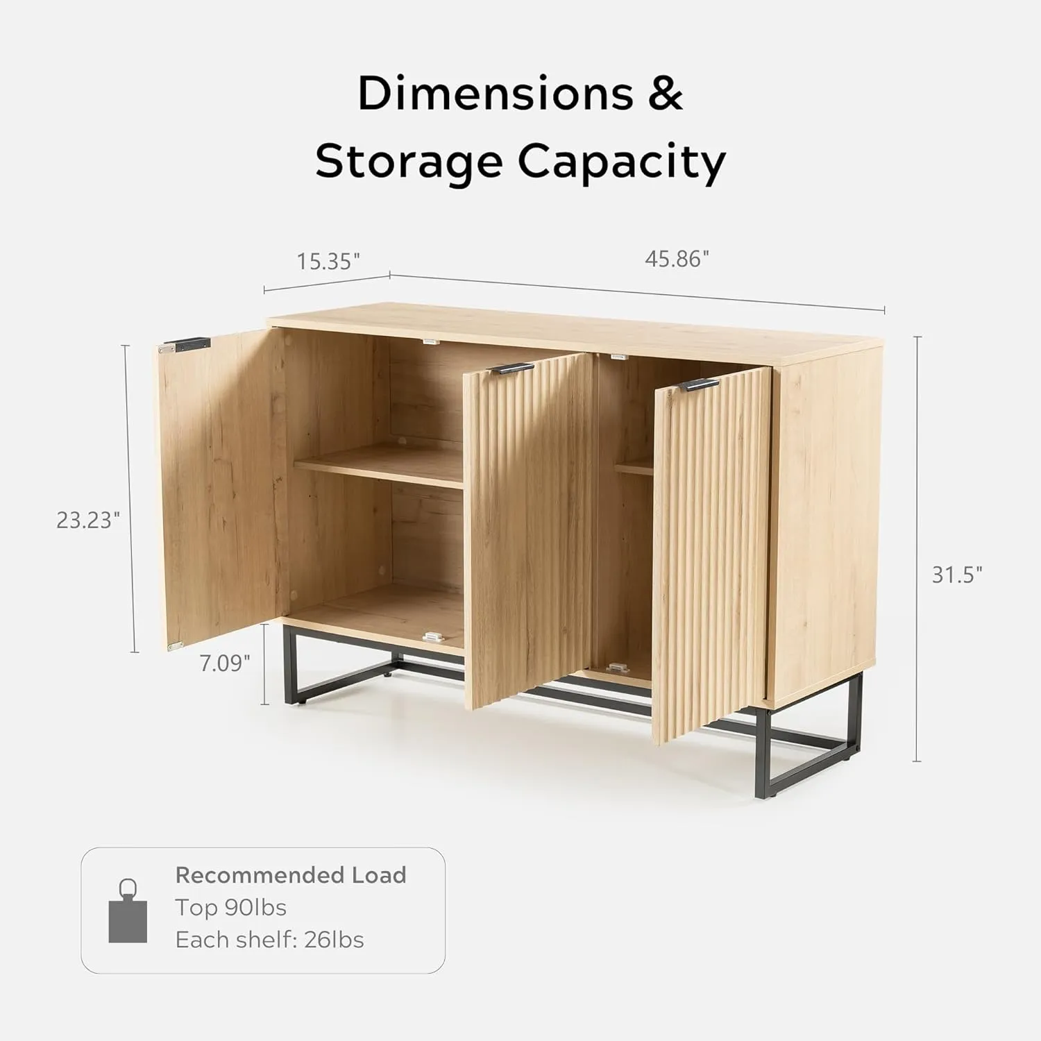 Fluted Storage Cabinet with 3 Doors, Modern Accent Sideboard Buffet Cabinets with Adjustable Shelves, Wooden Credenza Console Table for Living Dining Room, Light Oak