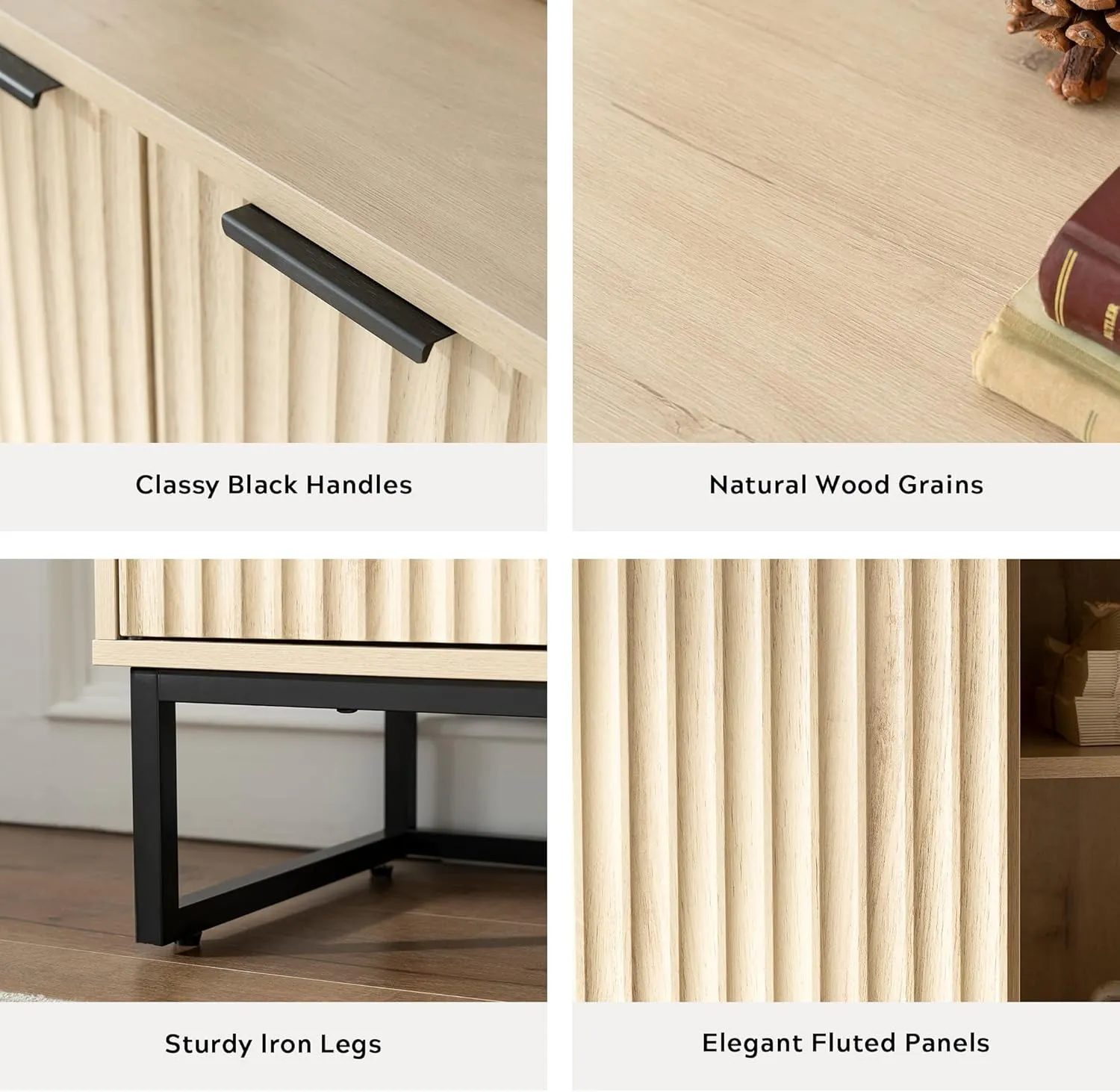 Fluted Storage Cabinet with 3 Doors, Modern Accent Sideboard Buffet Cabinets with Adjustable Shelves, Wooden Credenza Console Table for Living Dining Room, Light Oak