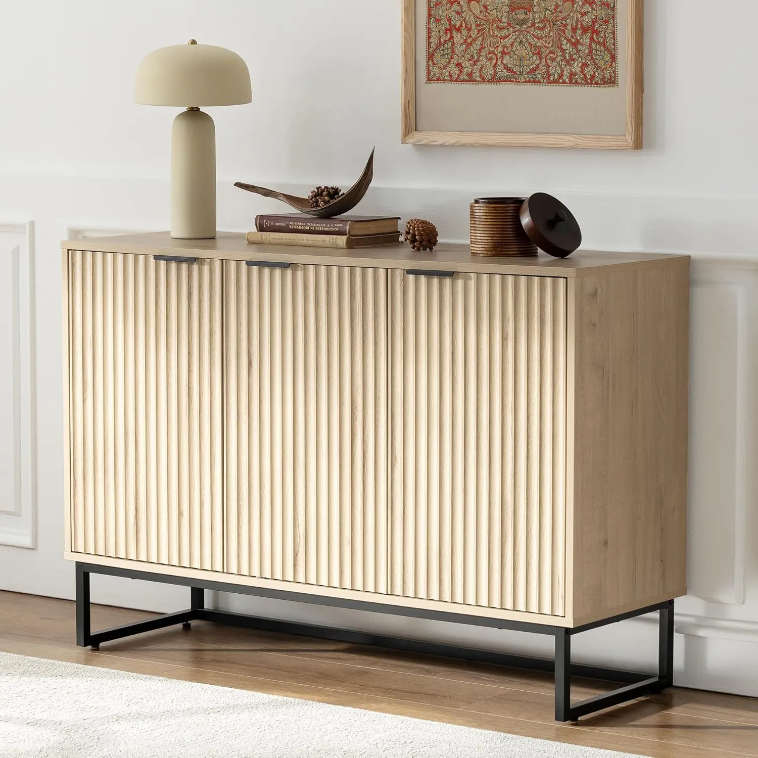 Fluted Storage Cabinet with 3 Doors, Modern Accent Sideboard Buffet Cabinets with Adjustable Shelves, Wooden Credenza Console Table for Living Dining Room, Light Oak