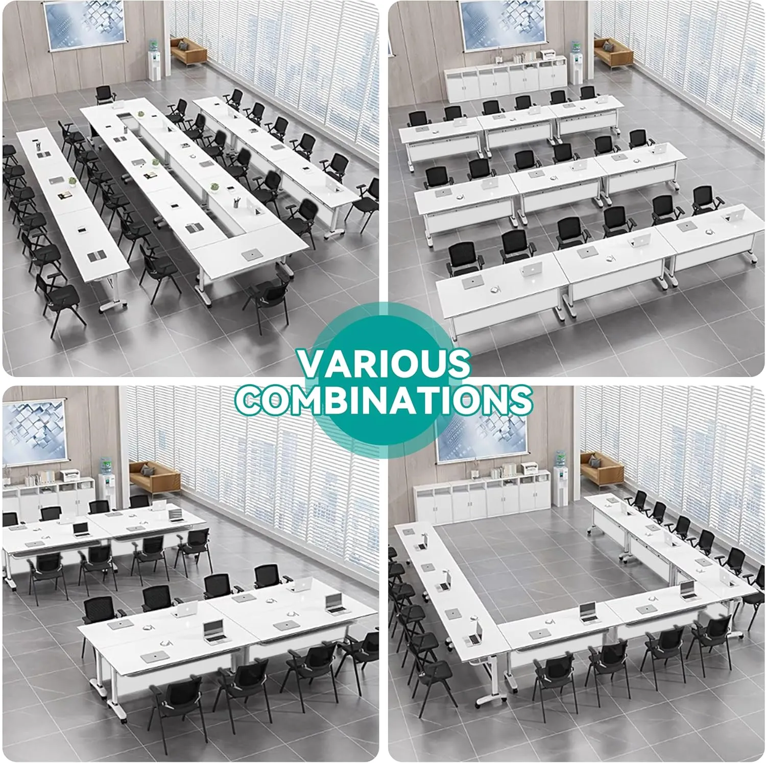 Folding Conference Table with Flip Top, Mobile Rectangular Training Tables with Casters, with Strong Metal Frame, Suitable for Meeting Rooms, classrooms and Training Rooms