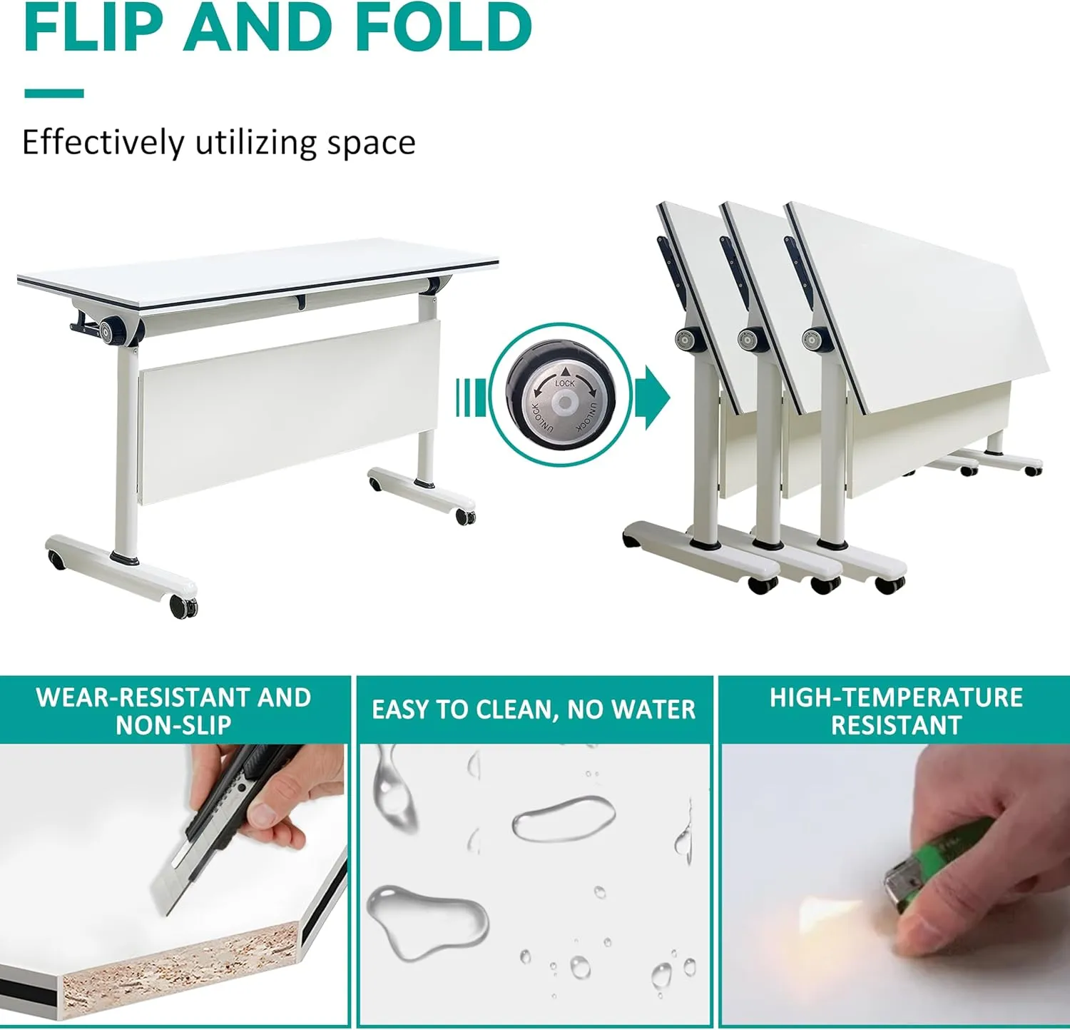Folding Conference Table with Flip Top, Mobile Rectangular Training Tables with Casters, with Strong Metal Frame, Suitable for Meeting Rooms, classrooms and Training Rooms