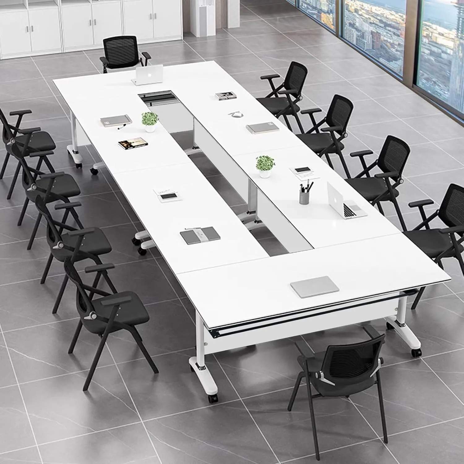 Folding Conference Table with Flip Top, Mobile Rectangular Training Tables with Casters, with Strong Metal Frame, Suitable for Meeting Rooms, classrooms and Training Rooms