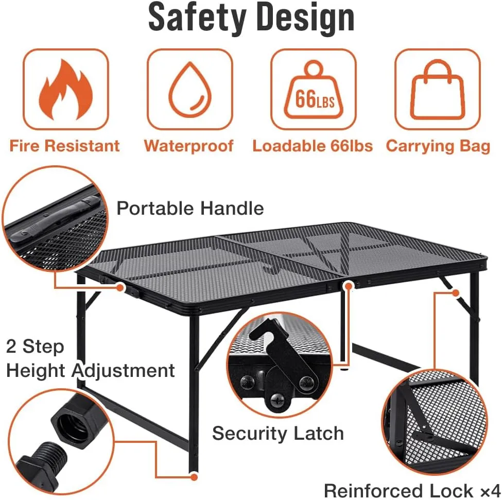 Folding Grill Table, 4 x 2 FT Lightweight Height Adjustable Aluminum Table with Mesh Desktop and Mesh Bag for Outdoor Camping Picnic BBQ (Black, large (47" x 23"))