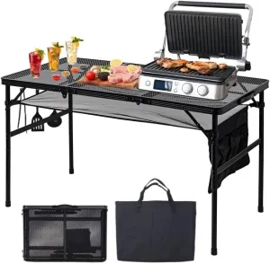 Folding Grill Table, 4 x 2 FT Lightweight Height Adjustable Aluminum Table with Mesh Desktop and Mesh Bag for Outdoor Camping Picnic BBQ (Black, large (47" x 23"))