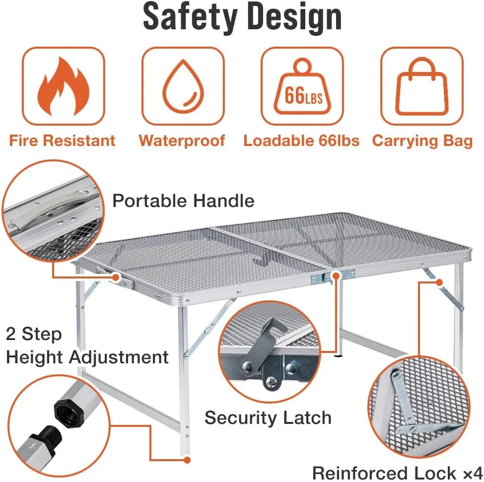 Folding Grill Table, 4 x 2 FT Lightweight Height Adjustable Aluminum Table with Mesh Desktop and Mesh Bag for Outdoor Camping Picnic BBQ (Silver, large (47" x 23"))